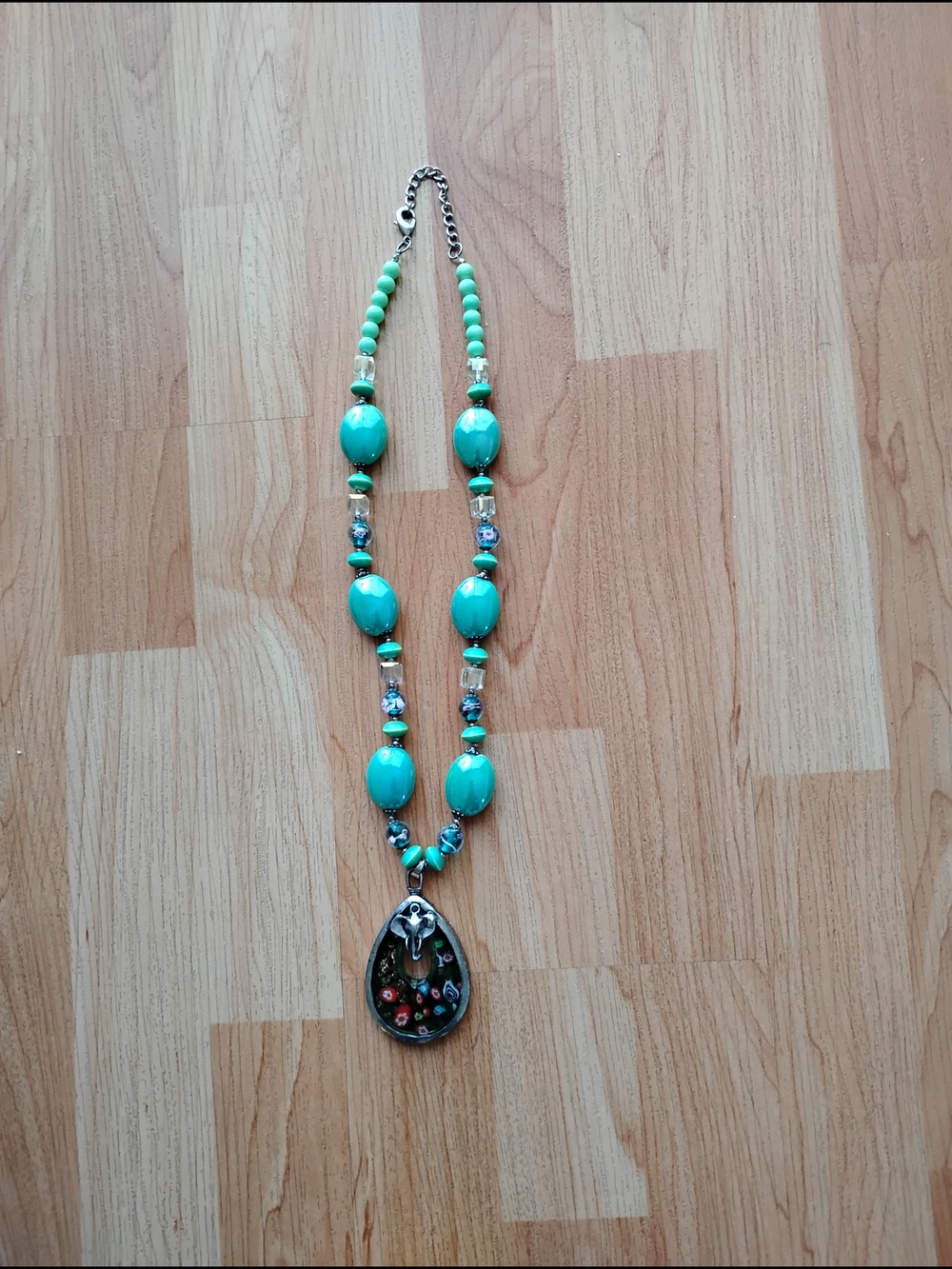 Turquoise Bead Statement Necklace with Floral Teardrop Pendant